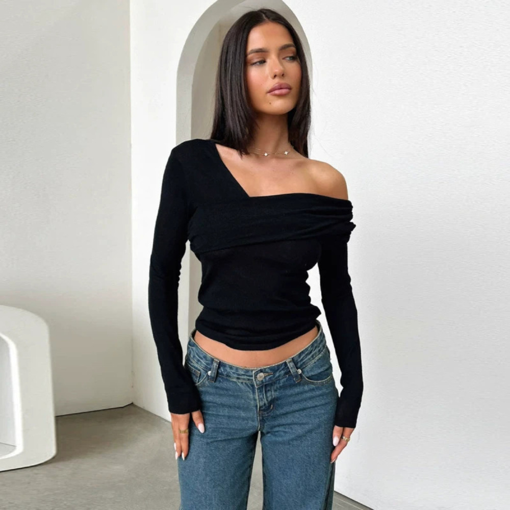 Solid Color Fall Winter Sexy Off Shoulder Long Sleeve Slimming Top